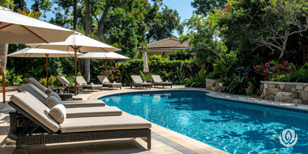 Backyard pool with white umbrellas, lounge chairs, and landscaped garden surround