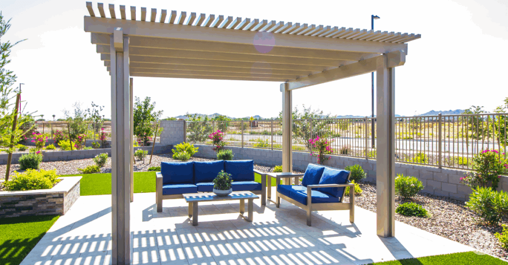 Pergola with seating area on paver patio