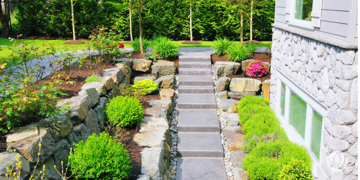 paved steps with flowers