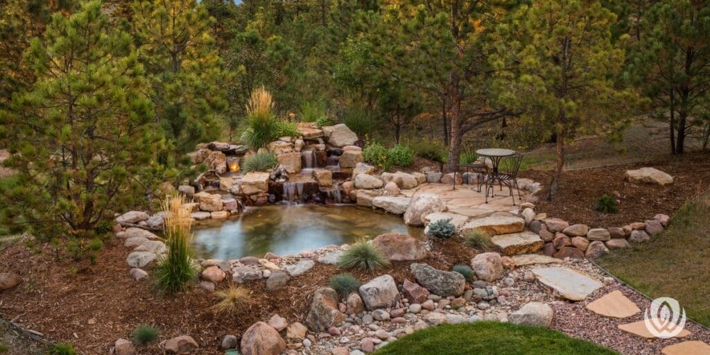Large naturalistic pond water feature with rocks and trees in a private backyard landscape
